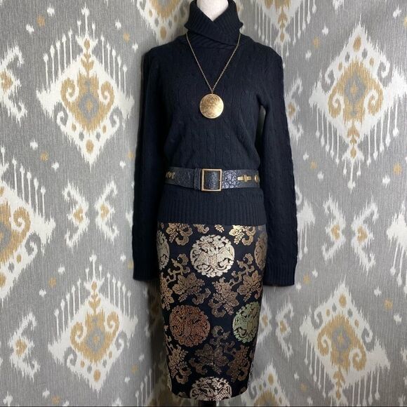 Ralph Lauren Multi Metallic Chinoiserie Silk Midi Pencil Skirt - Picture 3 of 16